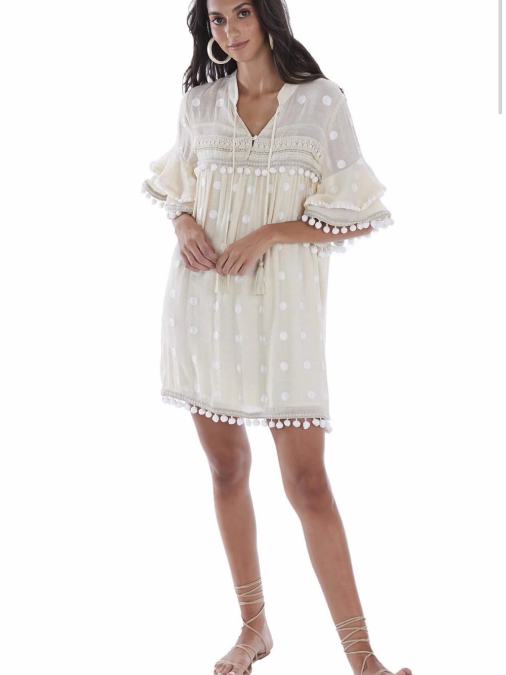 Cream Dot Pom-Pom Mini Dress with Tassel V-Neck